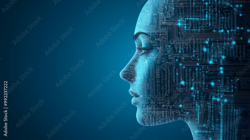 A woman's face is shown with a computer chip design A woman's face is shown with a computer chip design