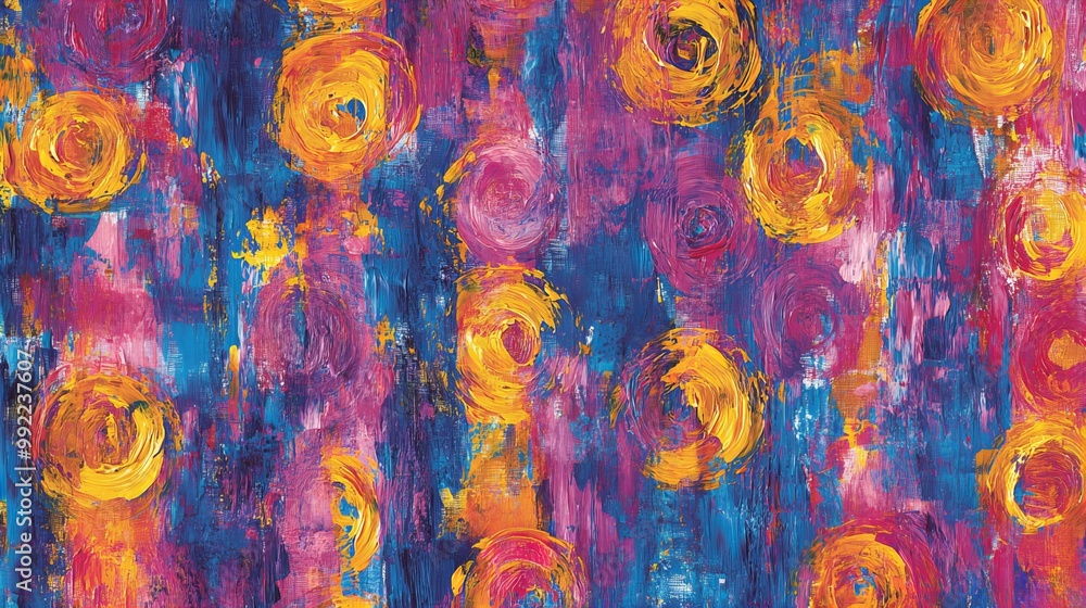 Abstract painting with swirling circles in yellow, orange, pink, purple, and blue. Abstract painting with swirling circles in yellow, orange, pink, purple, and blue.