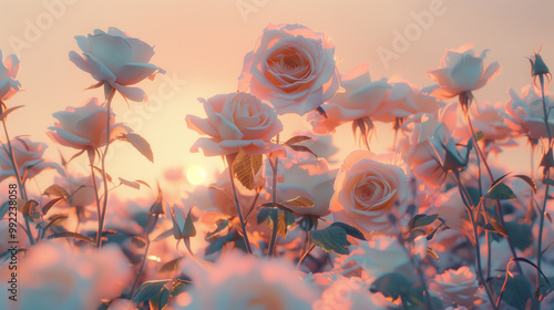 Wallpaper Mural pink peach rose flowers in the field at sunset green leaves wallpaper background backdrop Torontodigital.ca