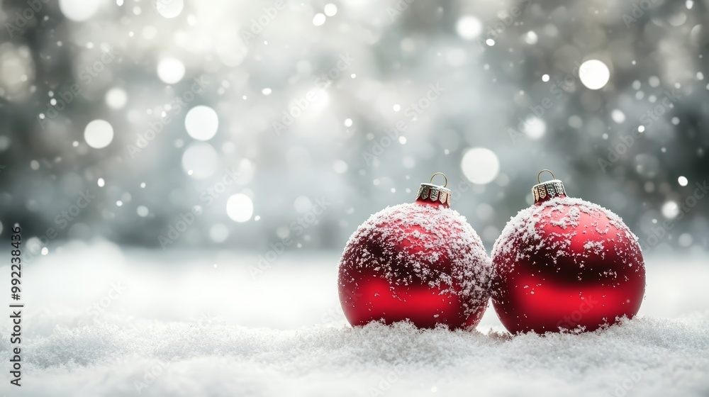 Red Christmas Ornaments in Snow with Bokeh Background Red Christmas Ornaments in Snow with Bokeh Background