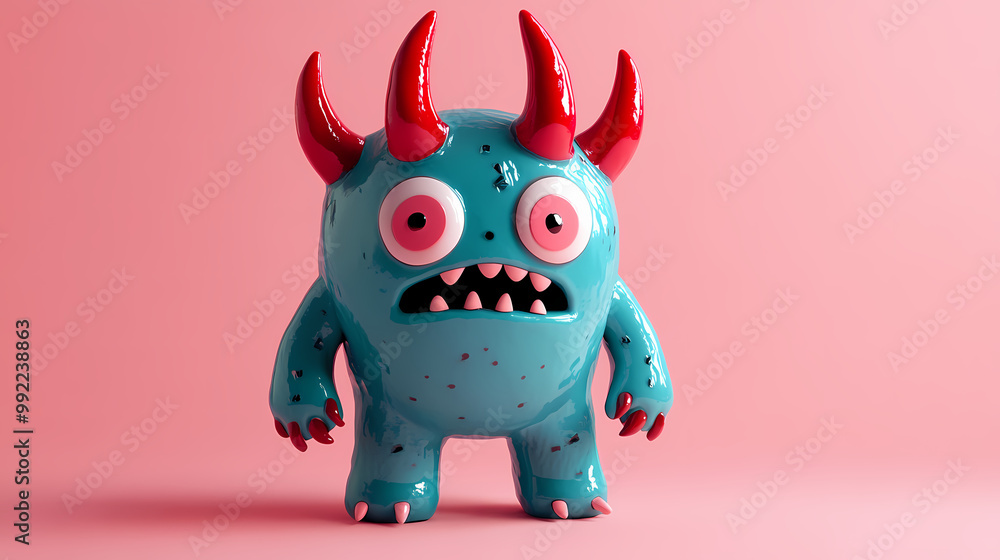 Cyclops monster toy with red horns and blue body on a pink background fantasy character design cute toy for children. Cyclops. Illustration Cyclops monster toy with red horns and blue body on a pink background fantasy character design cute toy for children. Cyclops. Illustration