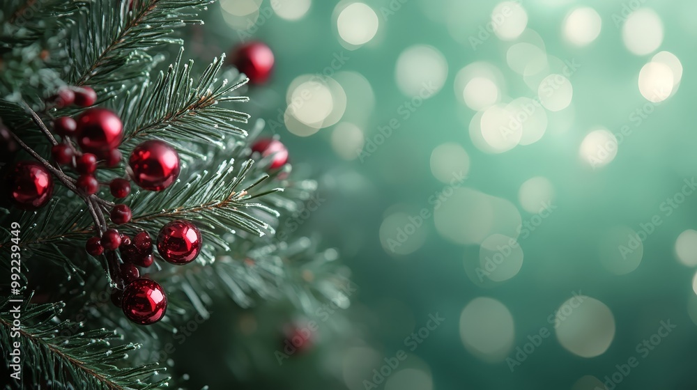 Christmas Tree Branch with Red Baubles and Blurred Lights Christmas Tree Branch with Red Baubles and Blurred Lights