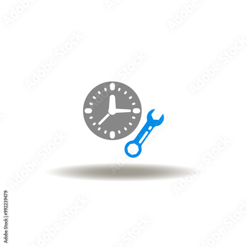Vector illustration of clock and wrench. Symbol of after sales service. Icon of time repair.
