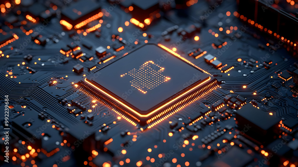 Closeup of a glowing CPU chip on a circuit board with orange lights Closeup of a glowing CPU chip on a circuit board with orange lights