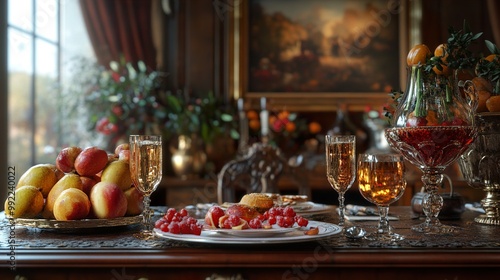 Elegant Table Setting with Fruit and Wine Glasses