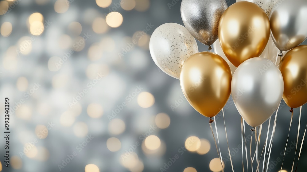 Gold and Silver Balloons with Bokeh Background for Festive Celebration Gold and Silver Balloons with Bokeh Background for Festive Celebration