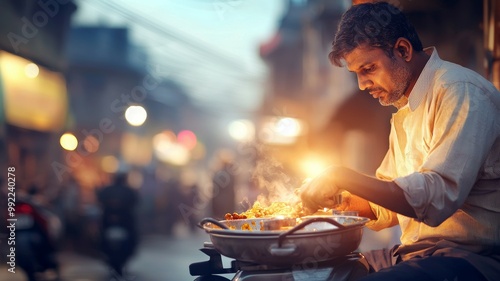 A man is cooking food on a stove in a busy street photo