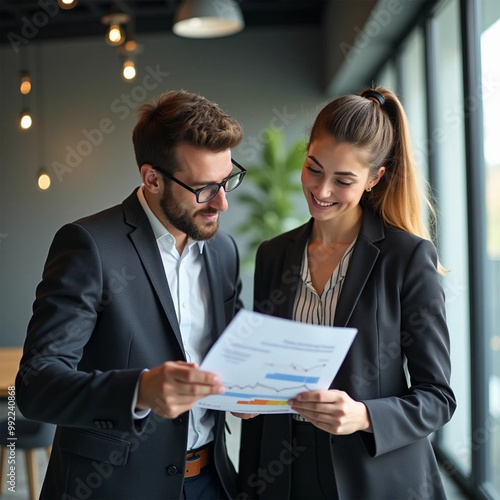 A businessman and a businesswoman engage in a discussion while reading a financial report together. Young business professionals working togeprofessionals working together in a modern finance company.