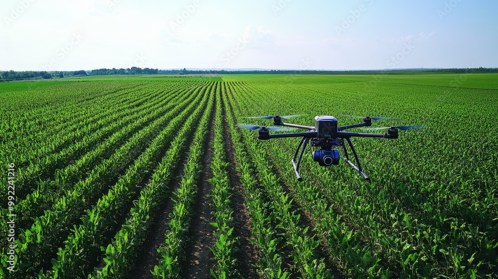 Drone Flying Over Green Corn Field Agricultural Technology Precision Farming UAV Farming Equipment Drone Flying Over Green Corn Field Agricultural Technology Precision Farming UAV Farming Equipment