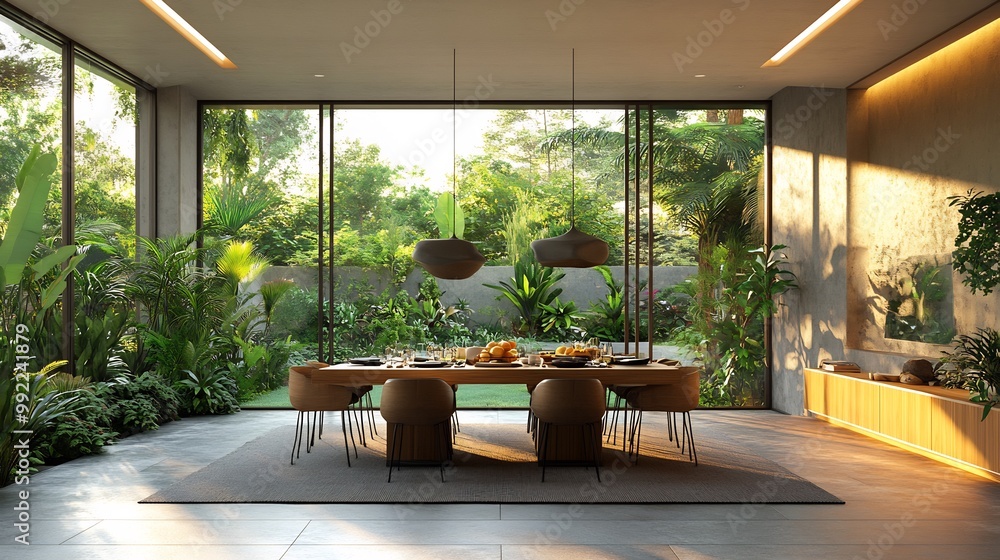 Fototapeta premium Mangosteen avocado salad served minimalist dining room with large windows offering a view of a lush garden symbolizing the harmony between a healthy diet and nature Scientific name Garcinia mangostana