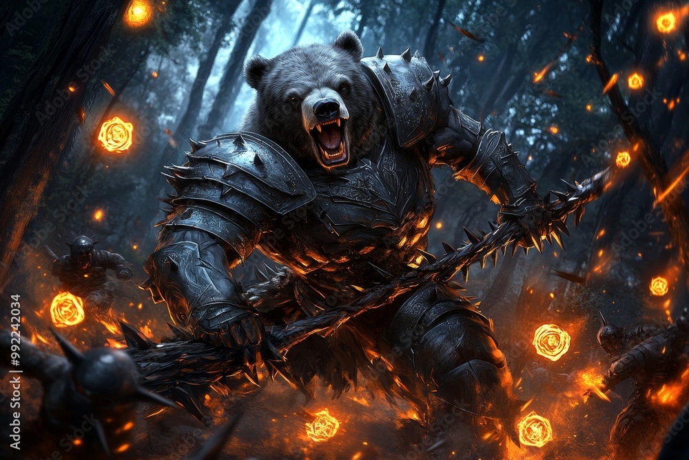 A bear humanoid warrior in iron armor, swinging a massive spiked club in a dense forest, surrounded by glowing runes and enemy soldiers A bear humanoid warrior in iron armor, swinging a massive spiked club in a dense forest, surrounded by glowing runes and enemy soldiers
