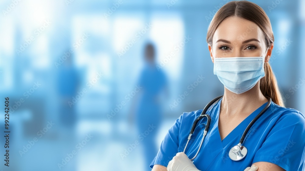 A woman in a blue scrubs is wearing a mask and holding a stethoscope A woman in a blue scrubs is wearing a mask and holding a stethoscope