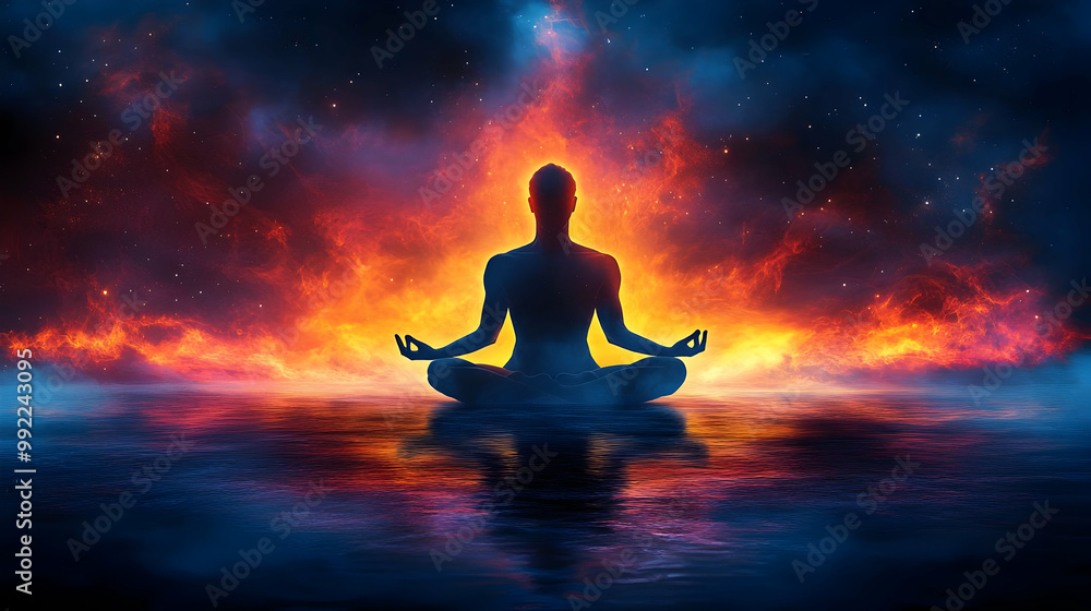 Silhouette of a Person Meditating in a Fiery Sky with Stars Silhouette of a Person Meditating in a Fiery Sky with Stars