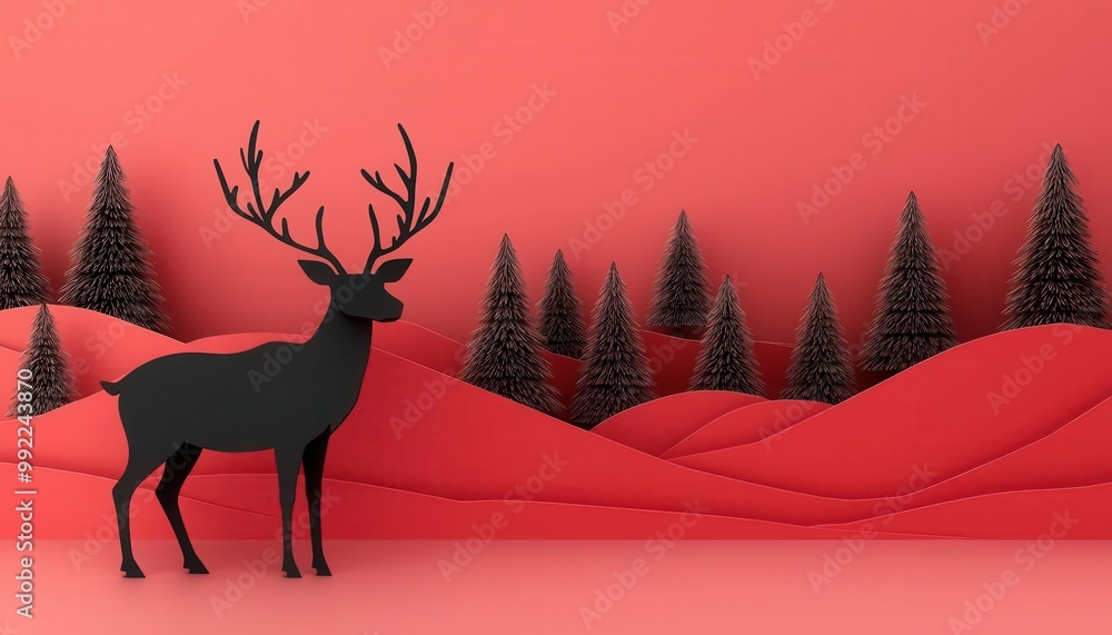 3d render black x-mas reindeer silhouette against red snowy landscape 3d render black x-mas reindeer silhouette against red snowy landscape