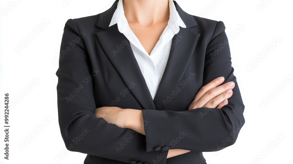 A woman in a business suit is standing with her arms crossed A woman in a business suit is standing with her arms crossed