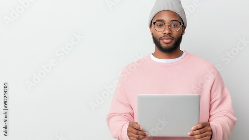 A man wearing a pink sweater and glasses is holding a laptop