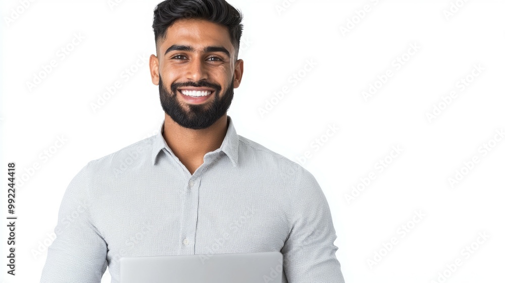 A man with a beard and a smile is holding a laptop A man with a beard and a smile is holding a laptop