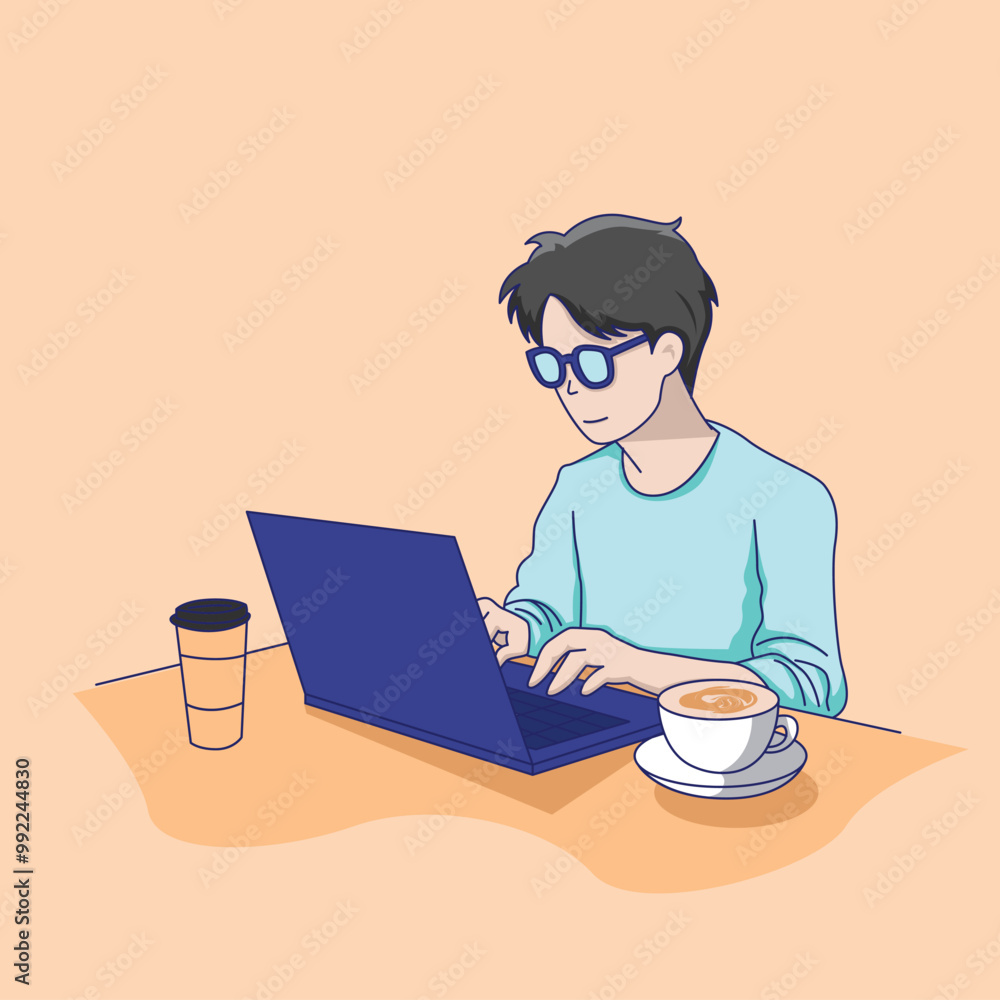 Man working on laptop at coffee shop table; perfect for remote work, technology, digital nomad, freelance, and coffeethemed designs. Man working on laptop at coffee shop table; perfect for remote work, technology, digital nomad, freelance, and coffeethemed designs.