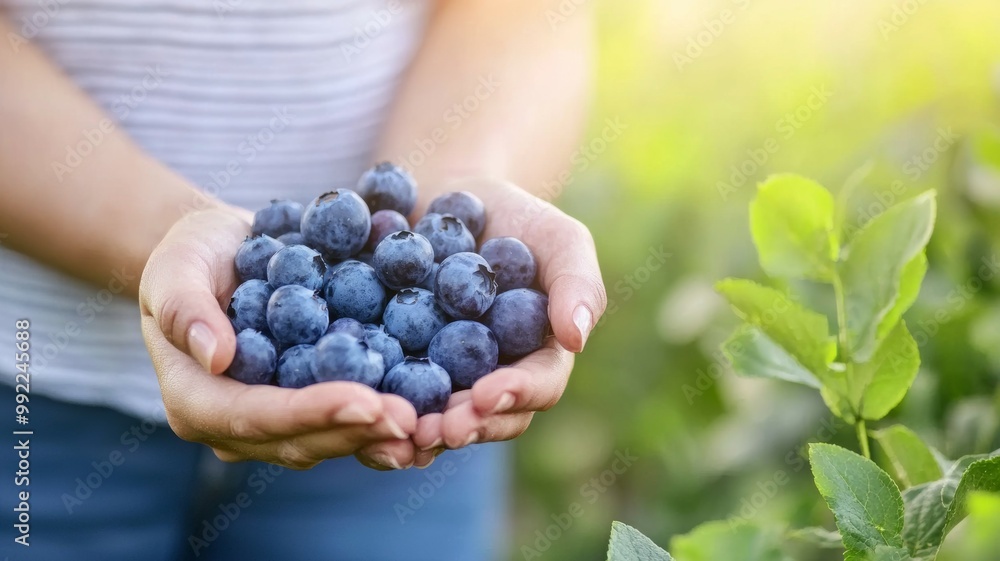 A woman is holding a bunch of blueberries in her hand A woman is holding a bunch of blueberries in her hand