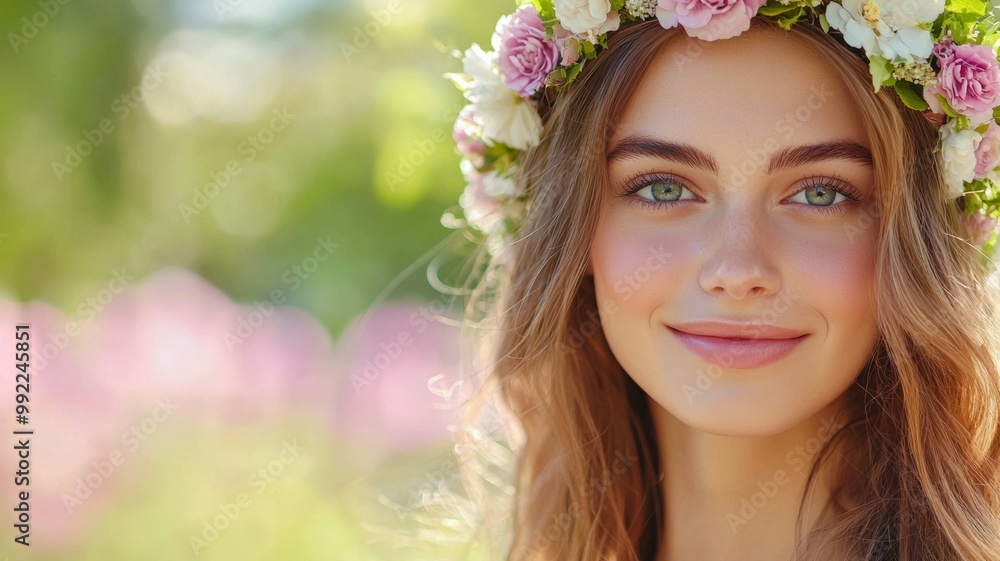 A woman with a flowery headband is smiling A woman with a flowery headband is smiling