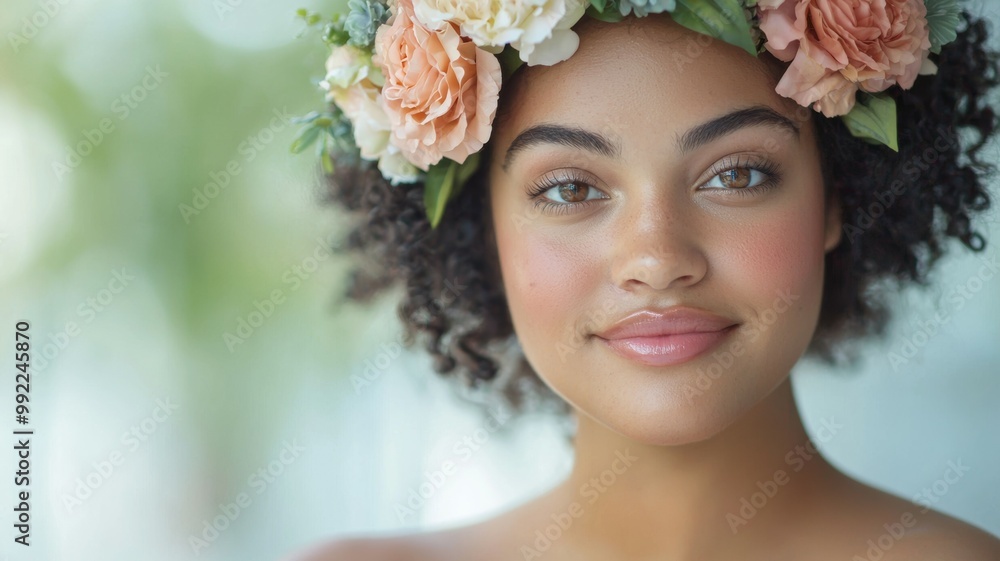 A woman with a flower headpiece on her head A woman with a flower headpiece on her head