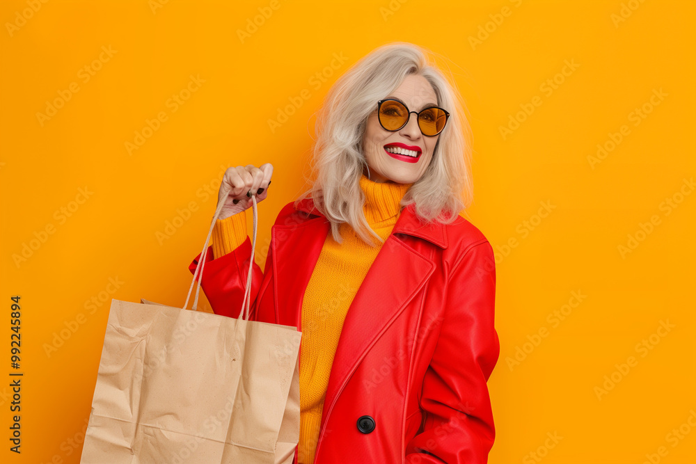 Mature woman shopping happily during Black Friday sales holding her stylish bag and celebrating with trendy fashion Mature woman shopping happily during Black Friday sales holding her stylish bag and celebrating with trendy fashion