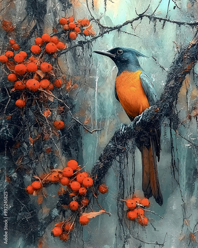 A vibrant bird perched on a branch adorned with bright red berries in a misty forest setting photo