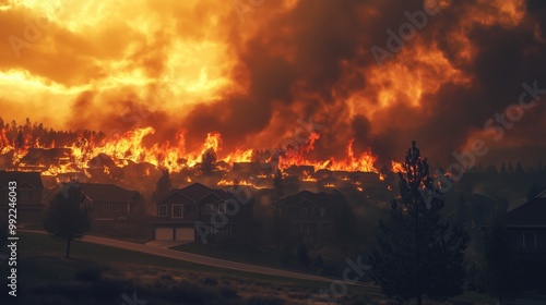 Fire is burning in a residential area, with houses and trees in the background. The sky is orange and the fire is very large