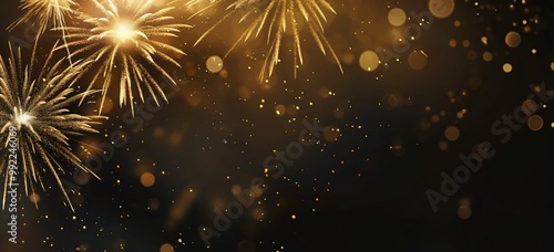 Firework display with a dark background. The fireworks are lit up in gold and the background is blurry