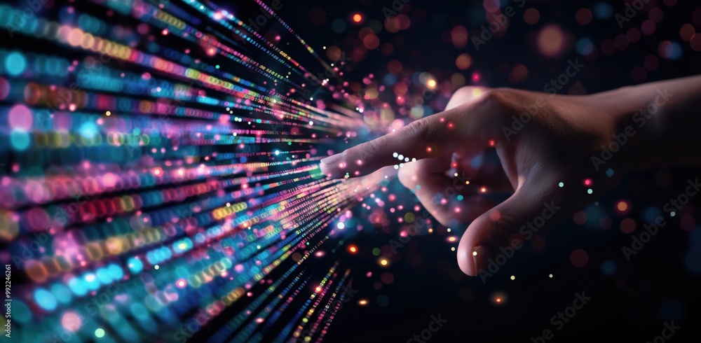 Hand is pointing at a colorful, swirling pattern of dots. Concept of motion and energy, as if the dots are dancing or moving in a dynamic way Hand is pointing at a colorful, swirling pattern of dots. Concept of motion and energy, as if the dots are dancing or moving in a dynamic way