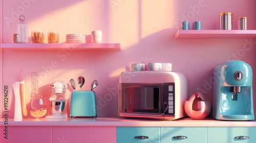 Retro Kitchen Counter with Pastel Appliances and Accessories