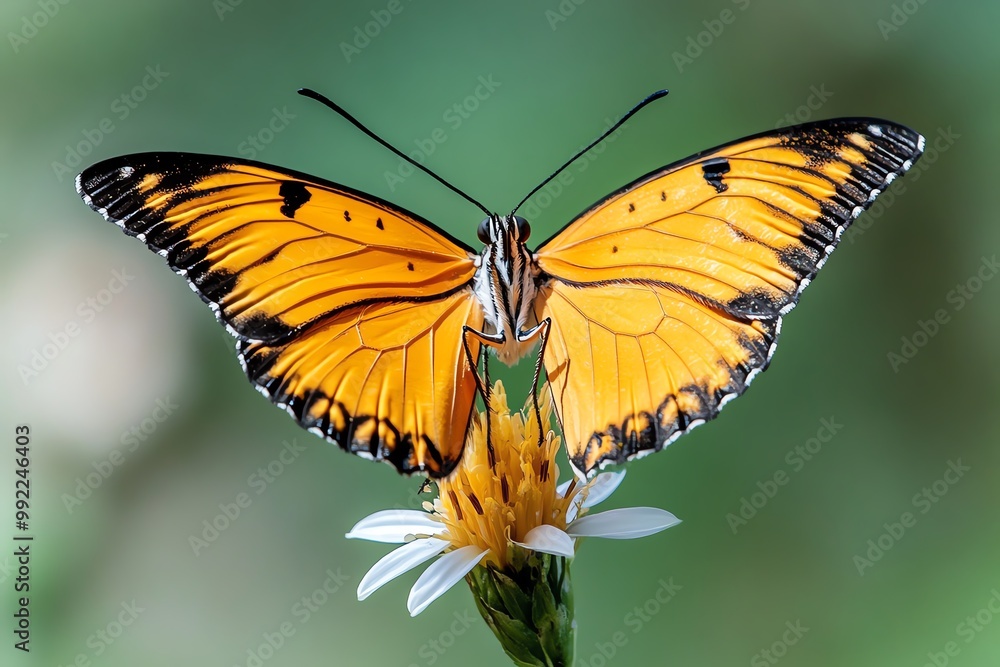 A close-up of a butterfly landing on a flower, with delicate wings spread wide as it feeds on nectar in a meadow A close-up of a butterfly landing on a flower, with delicate wings spread wide as it feeds on nectar in a meadow