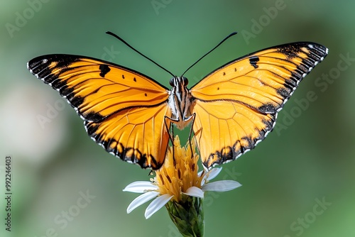 A close-up of a butterfly landing on a flower, with delicate wings spread wide as it feeds on nectar in a meadow photo