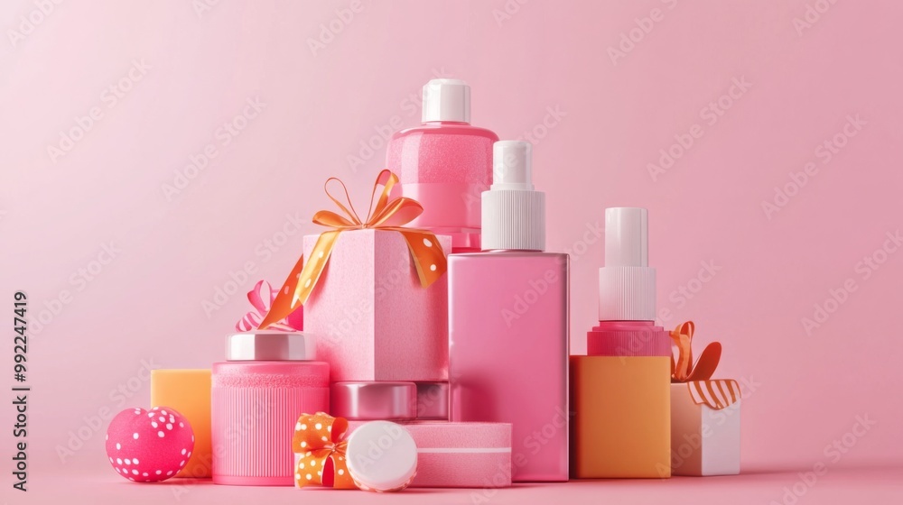 Pink and Orange Cosmetic Products and Gift Boxes on a Pink Background Pink and Orange Cosmetic Products and Gift Boxes on a Pink Background