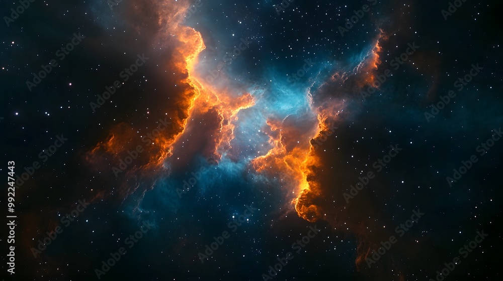 Cosmic Nebula with Orange and Blue Swirls Amidst a Starry Sky Cosmic Nebula with Orange and Blue Swirls Amidst a Starry Sky