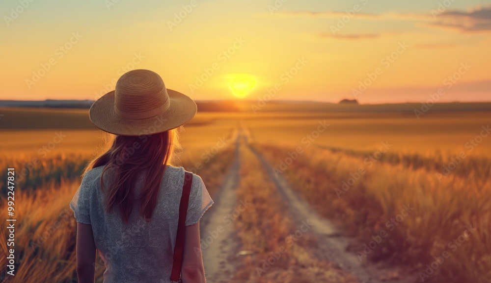 Woman wearing a straw hat is walking down a dirt road. The sun is setting in the background, casting a warm glow over the scene. The woman is enjoying the peacefulness of the countryside Woman wearing a straw hat is walking down a dirt road. The sun is setting in the background, casting a warm glow over the scene. The woman is enjoying the peacefulness of the countryside