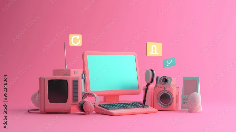 Retro Technology Gadgets in Pink and Yellow on Pink Background Retro Technology Gadgets in Pink and Yellow on Pink Background
