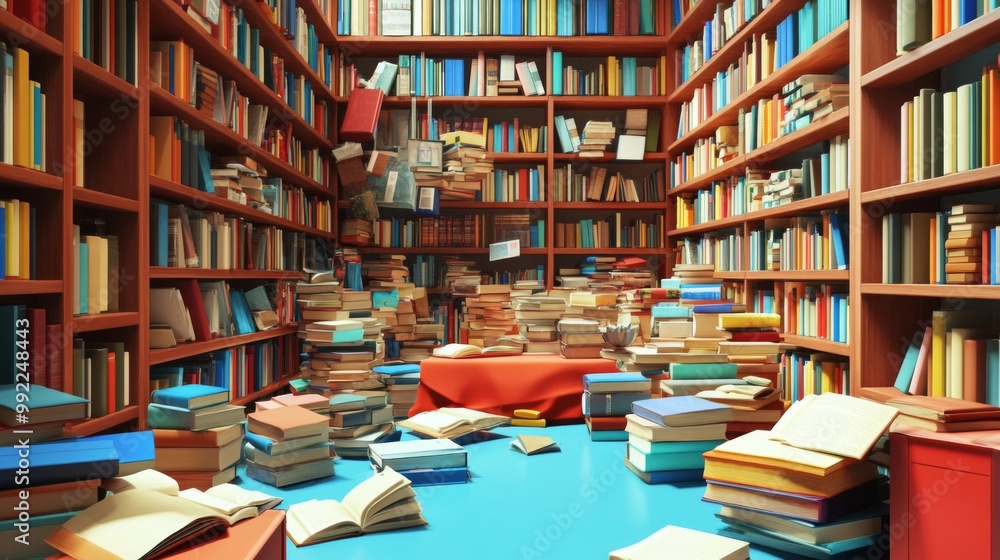Books spilling from overflowing bookshelves in a library Books spilling from overflowing bookshelves in a library