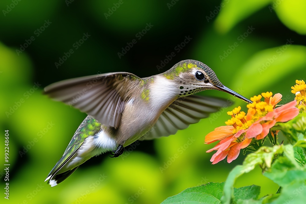 Fototapeta premium A close-up of a hummingbird in mid-flight, hovering near a flower as it drinks nectar, its wings moving in a blur
