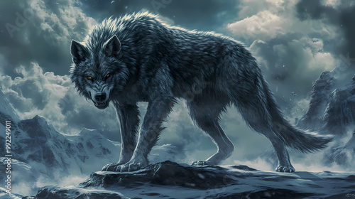 Fenrir the wolf, gigantic creature of the nordic culture and mythology of viking gods. Fenrir. Illustration photo