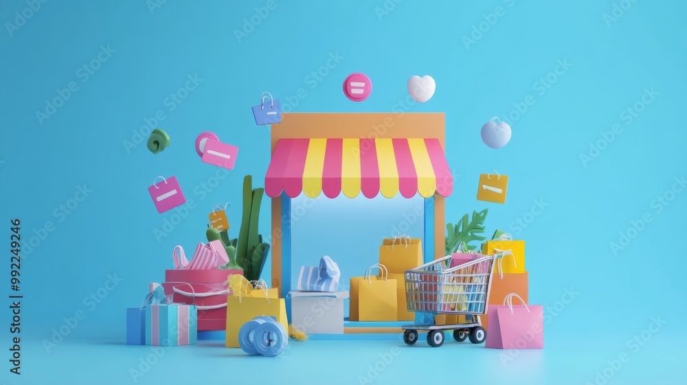 Fototapeta premium Colorful 3D Render of a Storefront with Shopping Bags and a Cart