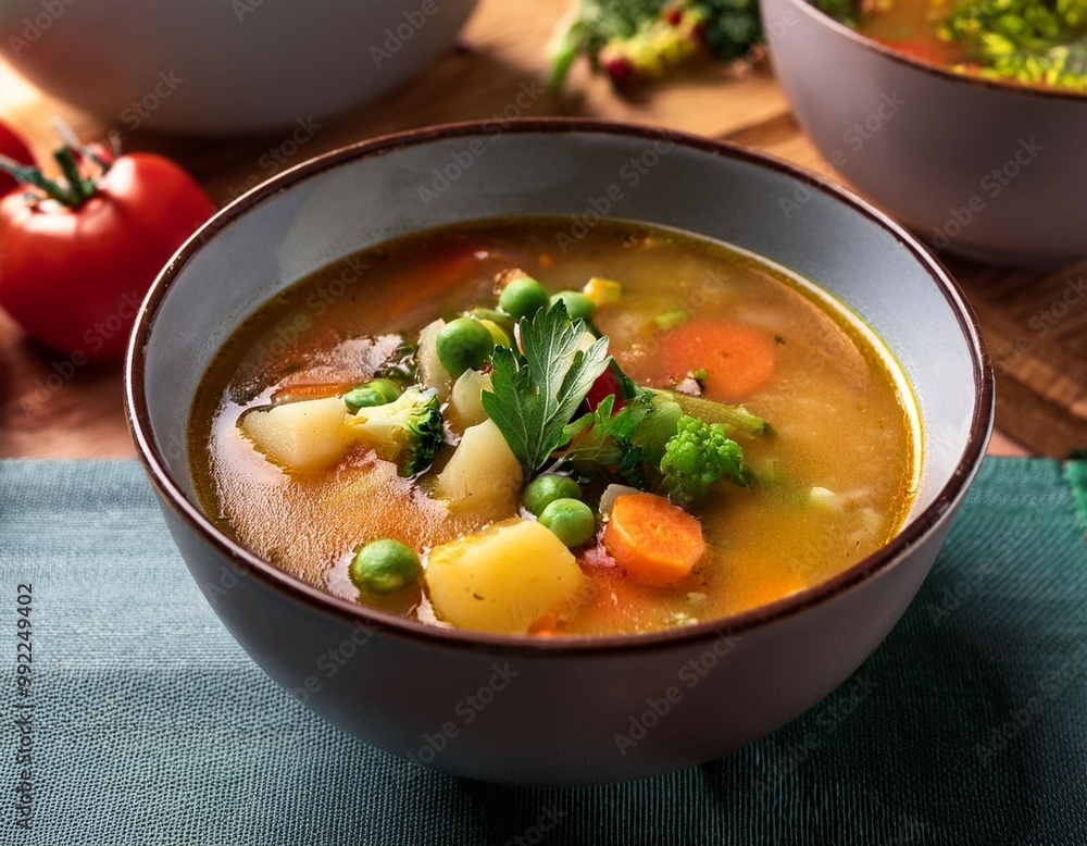 Comforting lunch soups with depth of field featuring seasonal vegetables and rich broths Comforting lunch soups with depth of field featuring seasonal vegetables and rich broths
