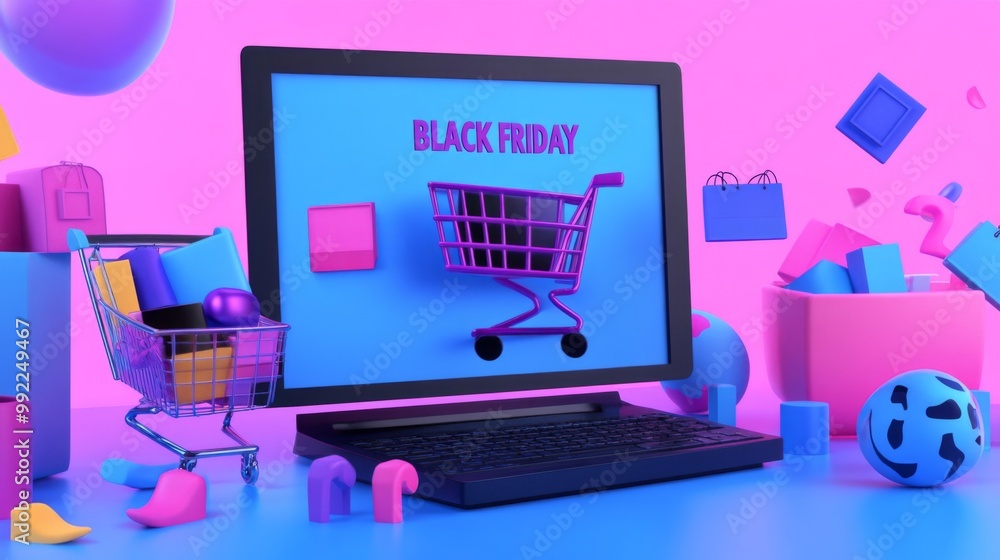 Black Friday Sale with a Computer, Shopping Cart, and Colorful Objects Black Friday Sale with a Computer, Shopping Cart, and Colorful Objects