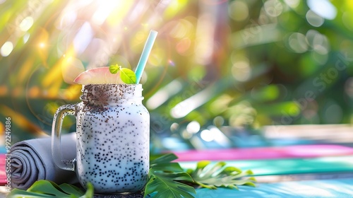 Marang fruit protein shake almond milk chia seed served mason jar colorful outdoor fitness retreat yoga mat tropical greenery softly blurred behind promoting wellness recovery Scientific name photo