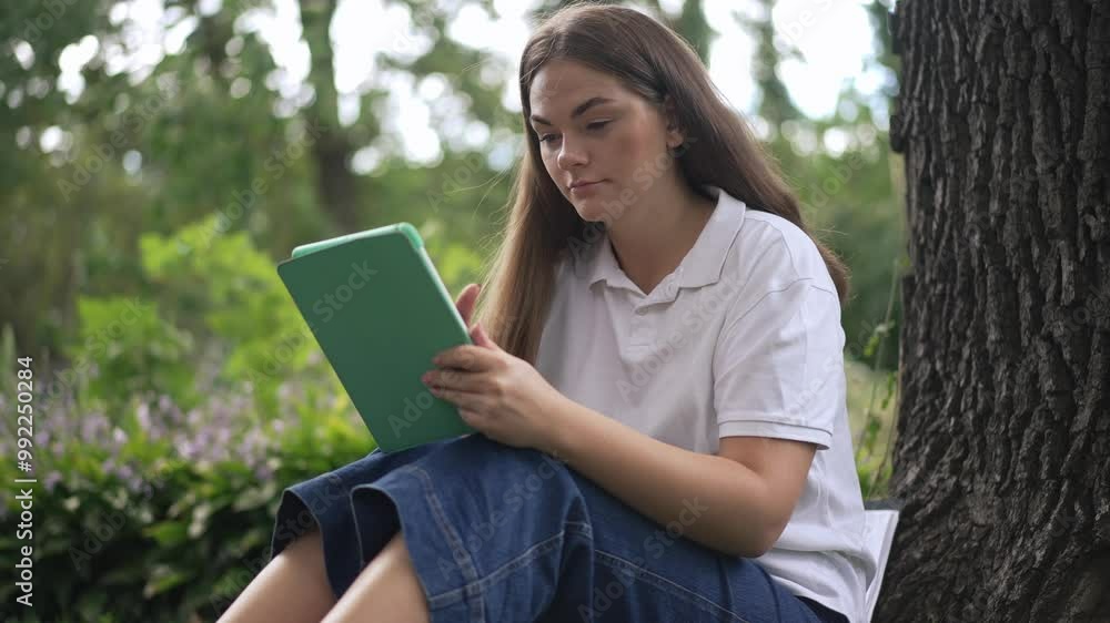 In a calm and serene moment, a young person is deeply engaged with a tablet while surrounded by vibrant, lush greenery In a calm and serene moment, a young person is deeply engaged with a tablet while surrounded by vibrant, lush greenery