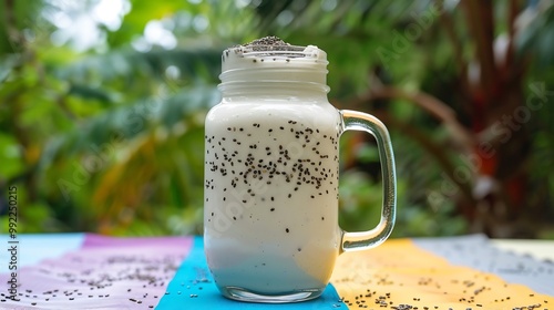 Marang fruit protein shake almond milk chia seed served mason jar colorful outdoor fitness retreat yoga mat tropical greenery softly blurred behind promoting wellness recovery Scientific name photo