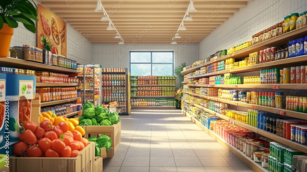 A Grocery Store with a Variety of Canned Goods, Produce, and Snacks A Grocery Store with a Variety of Canned Goods, Produce, and Snacks