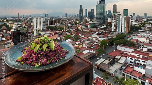 Marang fruit salad fresh greens quinoa avocado served vibrant rooftop terrace city views sunset softly blurred the background promoting a fresh balanced meal Scientific name Artocarpus odoratissimus photo