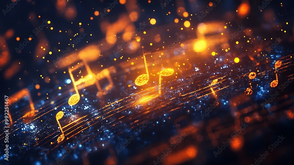 Abstract Music Notes with Glowing Particles and Bokeh Lights Abstract Music Notes with Glowing Particles and Bokeh Lights