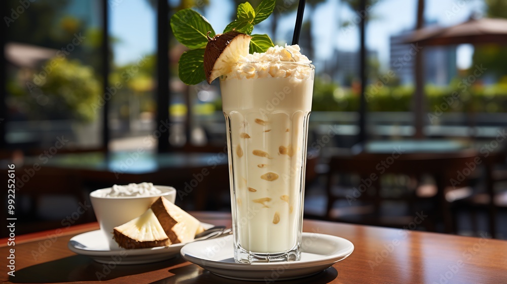 Marang fruit smoothie coconut milk fresh mint served vibrant glass jar luxury wellness caf sunlit palm tree beachgoers softly blurred behind promoting refreshing healthy drink Scientific name Marang fruit smoothie coconut milk fresh mint served vibrant glass jar luxury wellness caf sunlit palm tree beachgoers softly blurred behind promoting refreshing healthy drink Scientific name